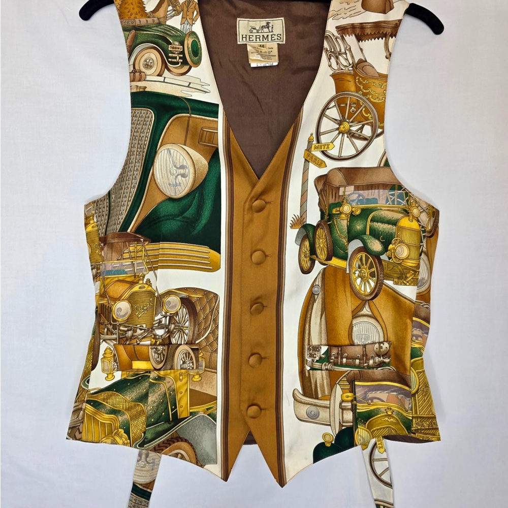 HERMES “Automobile” J. METZ Brown Green Silk Unisex Vest